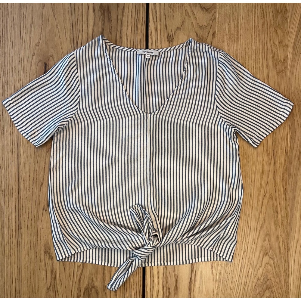 Madewell Striped Front Tie Top Women XXS Blue White Coastal Casual Blouse